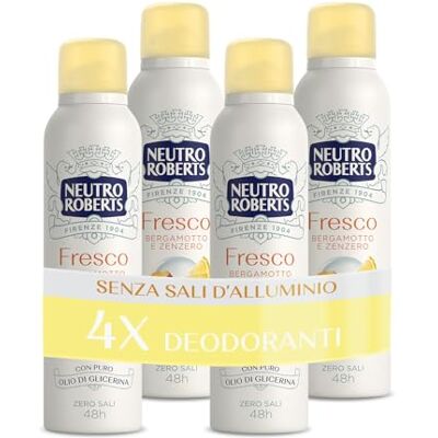 Neutro Roberts Déodorant Spray jaune frais, bergamote et gingembre, zéro sel d'aluminium, zéro tache, huile de glycérine pure, hommes et femmes, testé dermatologiquement, 48h 4 pièces 150 ml - Publicité Neutro Roberts Déodorant Spray jaune frais, bergamote et gingembre, zéro sel d'aluminium, zéro tache, huile de glycérine pure, hommes et femmes, testé dermatologiquement, 48h 4 pièces 150 ml - Publicité