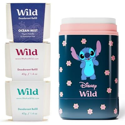 Wild Kit de Déodorant Naturel Rechargeable en Collaboration avec Disney Comprend un Étui Lilo & Stitch en Édition Limitée Parfums Ocean Mist, Fresh Cotton & Sea Salt et Coconut & Vanilla - Publicité Wild Kit de Déodorant Naturel Rechargeable en Collaboration avec Disney Comprend un Étui Lilo & Stitch en Édition Limitée Parfums Ocean Mist, Fresh Cotton & Sea Salt et Coconut & Vanilla - Publicité