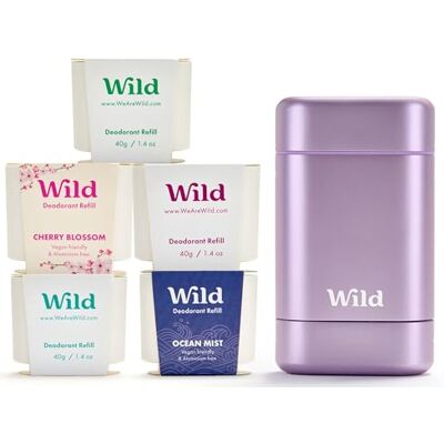 Wild Déodorant Naturel Rechargeable Etui Violet avec Lot Varié de Recharge Comprend Cotton & Sea Salt, Cherry Blossom, Coconut & Vanilla, Mint & Aloe Vera et Ocean Mist - Publicité Wild Déodorant Naturel Rechargeable Etui Violet avec Lot Varié de Recharge Comprend Cotton & Sea Salt, Cherry Blossom, Coconut & Vanilla, Mint & Aloe Vera et Ocean Mist - Publicité