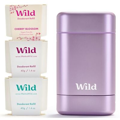 Wild Déodorant Naturel Rechargeable Sans Aluminium Etui Violet avec Lot Varié de Recharge (3 x 40g) Comprend Fresh Cotton & Sea Salt, Cherry Blossom et Coconut & Vanilla Végan - Publicité Wild Déodorant Naturel Rechargeable Sans Aluminium Etui Violet avec Lot Varié de Recharge (3 x 40g) Comprend Fresh Cotton & Sea Salt, Cherry Blossom et Coconut & Vanilla Végan - Publicité