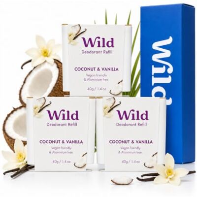 Wild Déodorant Naturel Rechargeable Trio de recharges Coconut & Vanilla Sans Aluminium Végan & Ecologique Protection longue durée Ingredients Naturels 3 lots de recharges de 40g - Publicité Wild Déodorant Naturel Rechargeable Trio de recharges Coconut & Vanilla Sans Aluminium Végan & Ecologique Protection longue durée Ingredients Naturels 3 lots de recharges de 40g - Publicité
