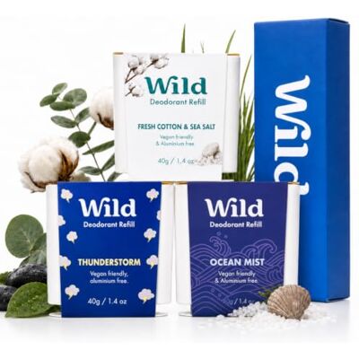 Wild Déodorant Naturel Rechargeable Sans Aluminium Lot Varié de Recharge Comprend Fresh Cotton & Sea Salt, Ocean Mist et Thunderstorm Protection longue durée - Publicité Wild Déodorant Naturel Rechargeable Sans Aluminium Lot Varié de Recharge Comprend Fresh Cotton & Sea Salt, Ocean Mist et Thunderstorm Protection longue durée - Publicité