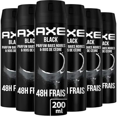 AXE Déodorant Homme Spray Black, 48h non-stop frais, Parfum baies noires et bois de cèdre (Lot de 6x200ml) - Publicité AXE Déodorant Homme Spray Black, 48h non-stop frais, Parfum baies noires et bois de cèdre (Lot de 6x200ml) - Publicité