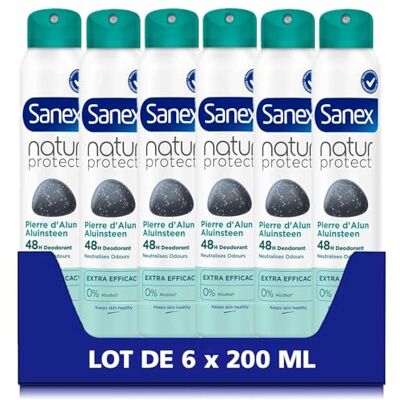 Sanex , Pierre d'Alun Déodorant Spray, Natur Protect, 6 x 200 ml Déodorant en spray, Protection anti-odeurs cliniquement prouvée 48h, Respecte la transpiration naturelle, Sans alcool* - Publicité Sanex , Pierre d'Alun Déodorant Spray, Natur Protect, 6 x 200 ml Déodorant en spray, Protection anti-odeurs cliniquement prouvée 48h, Respecte la transpiration naturelle, Sans alcool* - Publicité