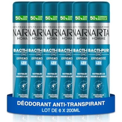 Narta Déodorant Homme Bacti-Pur Anti-Transpirant Spray Zinc Efficacité 48h Sans Alcool lot de 6x200ml - Publicité Narta Déodorant Homme Bacti-Pur Anti-Transpirant Spray Zinc Efficacité 48h Sans Alcool lot de 6x200ml - Publicité