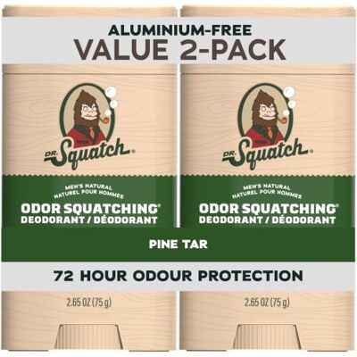 Dr. Squatch Déodorant naturel pour homme sans aluminium, avec charbon actif et post-biotiques pour jusqu'à 72 heures de protection contre les odeurs corporelles, goudron de pin, 75 g (lot de 2) - Publicité Dr. Squatch Déodorant naturel pour homme sans aluminium, avec charbon actif et post-biotiques pour jusqu'à 72 heures de protection contre les odeurs corporelles, goudron de pin, 75 g (lot de 2) - Publicité