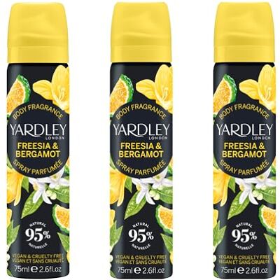 Yardley London Freesia Bergamot Body Spray, Floral Mist, 3x 75ml Floral Body Mist with Notes of Bergamot and Lemon, 95% Natural Ingredients, Vegan and Cruelty Free, UK Made - Publicité Yardley London Freesia Bergamot Body Spray, Floral Mist, 3x 75ml Floral Body Mist with Notes of Bergamot and Lemon, 95% Natural Ingredients, Vegan and Cruelty Free, UK Made - Publicité