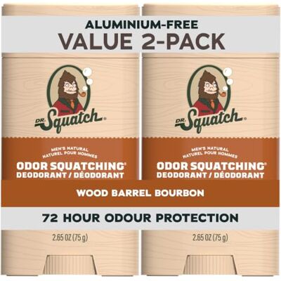 Dr. Squatch Déodorant naturel pour hommes sans aluminium, avec charbon actif et postbiotiques pour jusqu'à 72 heures de protection contre les odeurs corporelles – Wood Barrel Bourbon, 75 g Déo stick - Publicité Dr. Squatch Déodorant naturel pour hommes sans aluminium, avec charbon actif et postbiotiques pour jusqu'à 72 heures de protection contre les odeurs corporelles – Wood Barrel Bourbon, 75 g Déo stick - Publicité