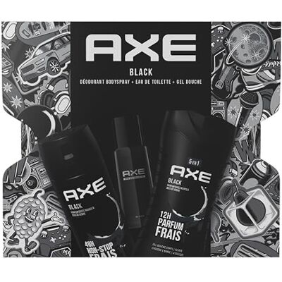 AXE Coffret Black pour Homme une eau de toilette de 100 ml, un déodorant de 200 ml et un gel douche de 250 ml parfum masculin et frais aux notes de baies noires et de bois de cèdre tenue 48H - Publicité AXE Coffret Black pour Homme une eau de toilette de 100 ml, un déodorant de 200 ml et un gel douche de 250 ml parfum masculin et frais aux notes de baies noires et de bois de cèdre tenue 48H - Publicité
