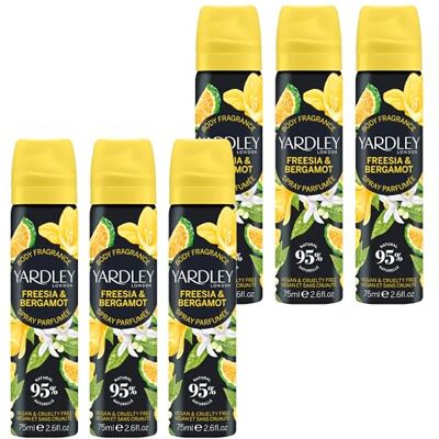 Yardley London Freesia Bergamot Body Spray, Floral Mist, 6x 75ml Floral Body Mist with Notes of Bergamot and Lemon, 95% Natural Ingredients, Vegan and Cruelty Free, UK Made - Publicité Yardley London Freesia Bergamot Body Spray, Floral Mist, 6x 75ml Floral Body Mist with Notes of Bergamot and Lemon, 95% Natural Ingredients, Vegan and Cruelty Free, UK Made - Publicité