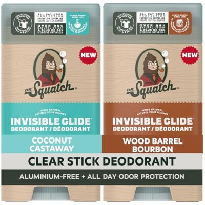 Dr. Squatch Invisible Glide Natural Déodorant – Glisse lisse sans taches – Sans aluminium, formule testée dermatologue pour peau sensible – Bourbon en bois + Castaway à la noix de coco – 2,65 oz (lot - Publicité Dr. Squatch Invisible Glide Natural Déodorant – Glisse lisse sans taches – Sans aluminium, formule testée dermatologue pour peau sensible – Bourbon en bois + Castaway à la noix de coco – 2,65 oz (lot - Publicité