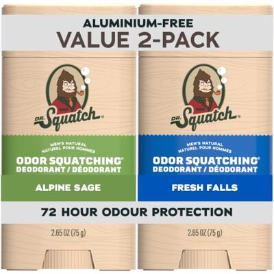 Dr. Squatch Natural Deodorant for Men – Odor-Squatching No Harsh Chemicals Deodorant – 2.65oz Wide Stick, 2 Pack – Alpine Sage, Fresh Falls - Publicité Dr. Squatch Natural Deodorant for Men – Odor-Squatching No Harsh Chemicals Deodorant – 2.65oz Wide Stick, 2 Pack – Alpine Sage, Fresh Falls - Publicité