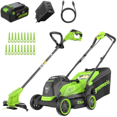 Greenworks 24V Tondeuse à Gazon, Largeur de Coupe 33 cm, Jusqu’à 280 m² + Coupe-Bordures sans Fil avec tête d’Alimentation Automatique, 1 Batterie 4 Ah et Chargeur – MTCK24B410-01 - Publicité Greenworks 24V Tondeuse à Gazon, Largeur de Coupe 33 cm, Jusqu’à 280 m² + Coupe-Bordures sans Fil avec tête d’Alimentation Automatique, 1 Batterie 4 Ah et Chargeur – MTCK24B410-01 - Publicité