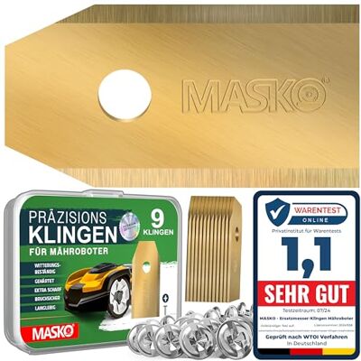 Masko ® Lames de Rechange pour Tondeuses-Robots Lames de Tondeuses universelles y compris vis Innovantes Revêtement en Titane Compatible avec Gardena/Husqvarna 9 pièces - Publicité Masko ® Lames de Rechange pour Tondeuses-Robots Lames de Tondeuses universelles y compris vis Innovantes Revêtement en Titane Compatible avec Gardena/Husqvarna 9 pièces - Publicité