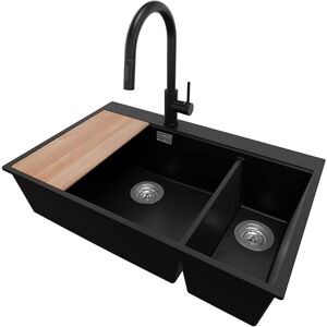 Primagran Evier Cuisine en Granit Noir 78x50cm, Lavabo 2 bacs + Robinet 40x20cm + Set d’accessoires, Évier à Encastrer au Meuble 80cm Oslo S091 - Publicité Primagran Evier Cuisine en Granit Noir 78x50cm, Lavabo 2 bacs + Robinet 40x20cm + Set d’accessoires, Évier à Encastrer au Meuble 80cm Oslo S091 - Publicité