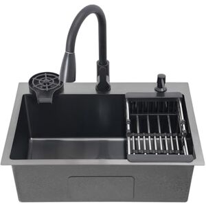 Shalmidor Évier de cuisine, noir, 60 x 45 x 20 cm, en acier inoxydable, 1 bac, avec panier d'écoulement, distributeur de savon, trou de robinetterie extensible - Publicité Shalmidor Évier de cuisine, noir, 60 x 45 x 20 cm, en acier inoxydable, 1 bac, avec panier d'écoulement, distributeur de savon, trou de robinetterie extensible - Publicité