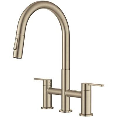 Kraus Oletto Bridge KPF-3122SFACB Robinet de cuisine avec tête de pulvérisation extractible en bronze champagne antique sans taches - Publicité Kraus Oletto Bridge KPF-3122SFACB Robinet de cuisine avec tête de pulvérisation extractible en bronze champagne antique sans taches - Publicité