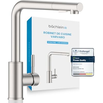 Bächlein Varvaro Robinet de cuisine pivotant à 360 degrés (acier inoxydable brossé) Mitigeur monocommande en acier inoxydable avec tuyau extensible et douchette avec interrupteur - Publicité Bächlein Varvaro Robinet de cuisine pivotant à 360 degrés (acier inoxydable brossé) Mitigeur monocommande en acier inoxydable avec tuyau extensible et douchette avec interrupteur - Publicité