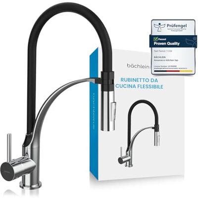 Bächlein Robinet de cuisine pivotant à 360° (acier inoxydable brossé) avec douchette extractible et interrupteur – Mitigeur d'évier avec col flexible et douchette avec support magnétique - Publicité Bächlein Robinet de cuisine pivotant à 360° (acier inoxydable brossé) avec douchette extractible et interrupteur – Mitigeur d'évier avec col flexible et douchette avec support magnétique - Publicité