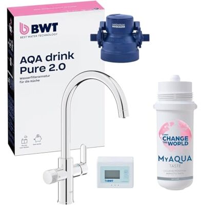 BWT AQA drink Pure 2.0 Taste Robinet de cuisine chromé avec bec C extractible, douchette d'évier pivotante filtre les particules comme le sable et la rouille - Publicité BWT AQA drink Pure 2.0 Taste Robinet de cuisine chromé avec bec C extractible, douchette d'évier pivotante filtre les particules comme le sable et la rouille - Publicité