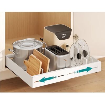 SONGMICS Rangement Cuisine Coulissant, Extensible, Acier Étagère Placard, 42 x (30-51,5) x 8,3 cm, 2 Séparateurs, Sous Évier, Blanc Mat, Collection Beque KCS414W101 - Publicité SONGMICS Rangement Cuisine Coulissant, Extensible, Acier Étagère Placard, 42 x (30-51,5) x 8,3 cm, 2 Séparateurs, Sous Évier, Blanc Mat, Collection Beque KCS414W101 - Publicité