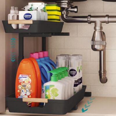 SONGMICS Rangement sous Évier à 2 Étages, Tiroir Coulissant Rangement Cuisine, en Forme de L, Acier au Carbone, Hauteur Réglable, Noir d'encre, Collection GLORA KCS217B101 - Publicité SONGMICS Rangement sous Évier à 2 Étages, Tiroir Coulissant Rangement Cuisine, en Forme de L, Acier au Carbone, Hauteur Réglable, Noir d'encre, Collection GLORA KCS217B101 - Publicité