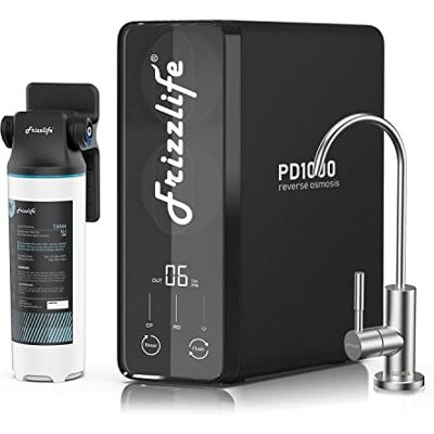 FRIZZLIFE Filtre à eau à osmose inverse 1000 GPD, NSF/ASNI 58&53&42&372, système d'osmose inverse alcalin minéral pH+, filtration en 9 étapes sans réservoir, 2:1 pur/vidange, sous évier, PD1000-TAM4 - Publicité FRIZZLIFE Filtre à eau à osmose inverse 1000 GPD, NSF/ASNI 58&53&42&372, système d'osmose inverse alcalin minéral pH+, filtration en 9 étapes sans réservoir, 2:1 pur/vidange, sous évier, PD1000-TAM4 - Publicité