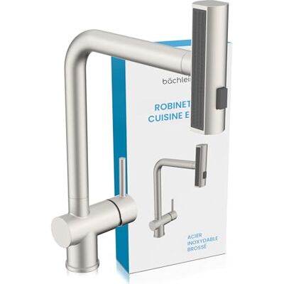 Bächlein Erino Robinet de cuisine (acier inoxydable brossé) – Mitigeur d'évier pivotant à une main avec 3 types de jet – Robinet de cuisine avec douchette extensible et rotative et fonction cascade - Publicité Bächlein Erino Robinet de cuisine (acier inoxydable brossé) – Mitigeur d'évier pivotant à une main avec 3 types de jet – Robinet de cuisine avec douchette extensible et rotative et fonction cascade - Publicité