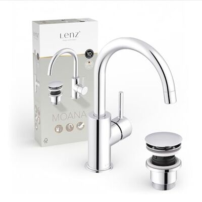 Lenz Robinet de lavabo Moana en chrome Économe en eau grâce à la buse de mélange de qualité supérieure Installation et nettoyage faciles Bec arqué pivotant à 360° 46012302 - Publicité Lenz Robinet de lavabo Moana en chrome Économe en eau grâce à la buse de mélange de qualité supérieure Installation et nettoyage faciles Bec arqué pivotant à 360° 46012302 - Publicité