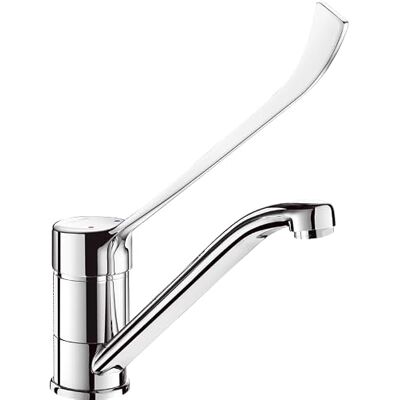 Delabie Mitigeur d'évier à bec haut orientable, bec en laiton chromé H145 avec levier médical coudé L220 Réf 2210L - Publicité Delabie Mitigeur d'évier à bec haut orientable, bec en laiton chromé H145 avec levier médical coudé L220 Réf 2210L - Publicité