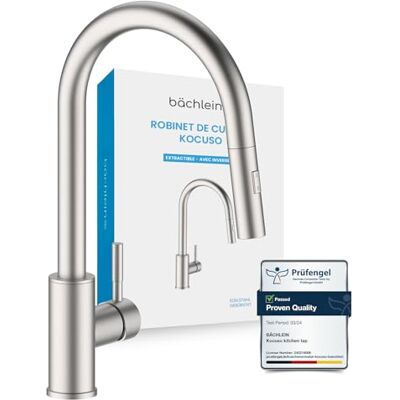 Bächlein Robinet de cuisine pivotant à 360 degrés (acier inoxydable brossé) Robinet d'évier à une main en acier inoxydable avec tuyau extensible et douchette avec bouton de commutation - Publicité Bächlein Robinet de cuisine pivotant à 360 degrés (acier inoxydable brossé) Robinet d'évier à une main en acier inoxydable avec tuyau extensible et douchette avec bouton de commutation - Publicité