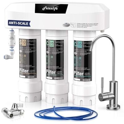 FRIZZLIFE Système de Filtre à Eau Sous Évier avec Robinet en nickel brossé SP99-NEW, Certifié NSF/ANSI 42 & 53, 3 étapes filtration d'eau, 0,5 micron Réduit Plomb, Chlore, Chloramine, Fluorure,WHITE - Publicité FRIZZLIFE Système de Filtre à Eau Sous Évier avec Robinet en nickel brossé SP99-NEW, Certifié NSF/ANSI 42 & 53, 3 étapes filtration d'eau, 0,5 micron Réduit Plomb, Chlore, Chloramine, Fluorure,WHITE - Publicité