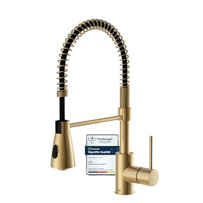 Lenz Robinet de cuisine KALANI² aspect doré Douchette pendulaire avec 2 types de jet et bec arqué pivotant à 360° Installation facile 46070341 - Publicité Lenz Robinet de cuisine KALANI² aspect doré Douchette pendulaire avec 2 types de jet et bec arqué pivotant à 360° Installation facile 46070341 - Publicité