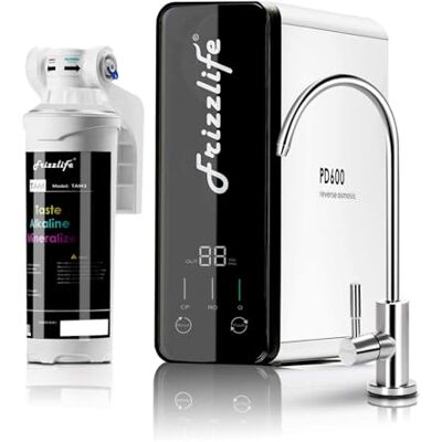 FRIZZLIFE filtre à eau à osmose inverse -pH+ alcalin minéral, norme NSF/ASNI 58&53&42&372, système d'osmose inverse sans réservoir 600 GPD, sous évier, 2:1 pur/vidange, réduit le FPAS/PFOA, PD600-TAM3 - Publicité FRIZZLIFE filtre à eau à osmose inverse -pH+ alcalin minéral, norme NSF/ASNI 58&53&42&372, système d'osmose inverse sans réservoir 600 GPD, sous évier, 2:1 pur/vidange, réduit le FPAS/PFOA, PD600-TAM3 - Publicité