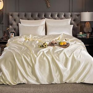 ROOEE Parure de lit complète en satin de soie 6 pièces Drap-housse, housse de couette et 4 taies d'oreiller Couleur : crème Taille Double - Publicité ROOEE Parure de lit complète en satin de soie 6 pièces Drap-housse, housse de couette et 4 taies d'oreiller Couleur : crème Taille Double - Publicité