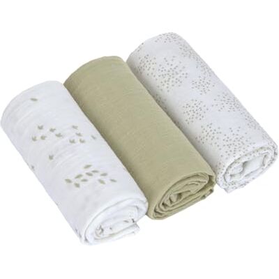Lässig Bébé Couverture de puériculture Drap de puériculture Lot de 3 en coton 60 x 60 cm/Swaddle & Burp Blanket M Leave olive/milky - Publicité Lässig Bébé Couverture de puériculture Drap de puériculture Lot de 3 en coton 60 x 60 cm/Swaddle & Burp Blanket M Leave olive/milky - Publicité