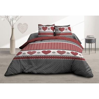 Le linge de Jules Parure Drap Plat + Drap-Housse 160x200 + 2 T Pur Coton 57 Fils Coeurs Rouge - Publicité Le linge de Jules Parure Drap Plat + Drap-Housse 160x200 + 2 T Pur Coton 57 Fils Coeurs Rouge - Publicité