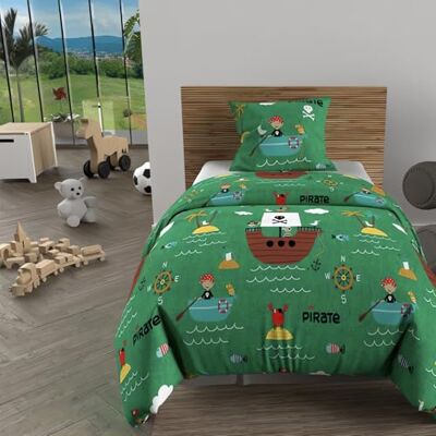 Soleil d'ocre , Parure Housse de Couette 140x200 cm Pirates Vert, 100% Coton 57 Fils/cm2 - Publicité Soleil d'ocre , Parure Housse de Couette 140x200 cm Pirates Vert, 100% Coton 57 Fils/cm2 - Publicité
