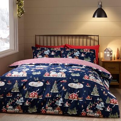 Catherine Lansfield Parure de lit réversible avec Housse de Couette et taies d'oreiller Motif Village de Ski de Noël Bleu Marine King - Publicité Catherine Lansfield Parure de lit réversible avec Housse de Couette et taies d'oreiller Motif Village de Ski de Noël Bleu Marine King - Publicité
