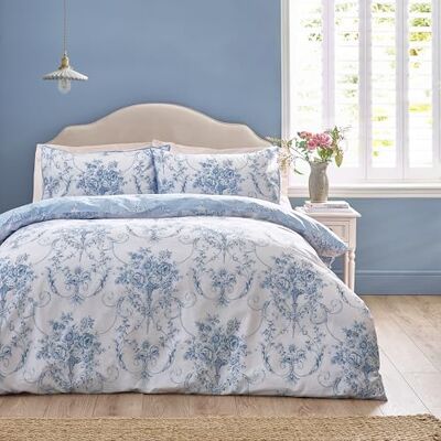 Catherine Lansfield Antoinette Damassé Parure Housse de Couette Double Réversible avec Taies d'oreiller Bleu - Publicité Catherine Lansfield Antoinette Damassé Parure Housse de Couette Double Réversible avec Taies d'oreiller Bleu - Publicité