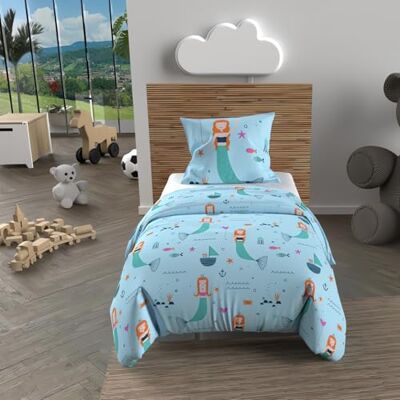 Soleil d'ocre , Parure Housse de Couette 120x150 cm SIRENES Bleu, 100% Coton 57 Fils/cm2 - Publicité Soleil d'ocre , Parure Housse de Couette 120x150 cm SIRENES Bleu, 100% Coton 57 Fils/cm2 - Publicité