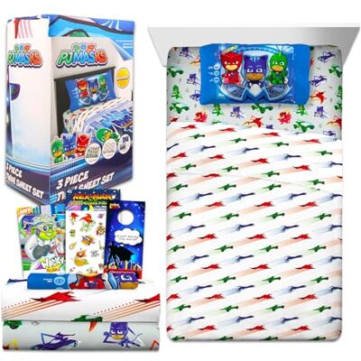 Disney Parure de lit Pyjamasques pour enfant – Ensemble de draps de lit Pyjamasques avec drap plat, drap-housse et taie d'oreiller pour lit simple et autocollants, plus Draps Pyjamasques pour lit simple - Publicité Disney Parure de lit Pyjamasques pour enfant – Ensemble de draps de lit Pyjamasques avec drap plat, drap-housse et taie d'oreiller pour lit simple et autocollants, plus Draps Pyjamasques pour lit simple - Publicité