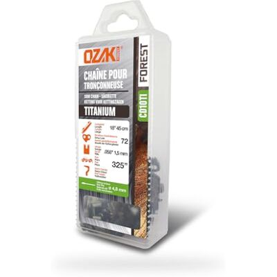 Chaîne de tronçonneuse Ozaki E72 en titane - Électrique & Essence - 72 Maillons - Publicité Chaîne de tronçonneuse Ozaki E72 en titane - Électrique & Essence - 72 Maillons - Publicité