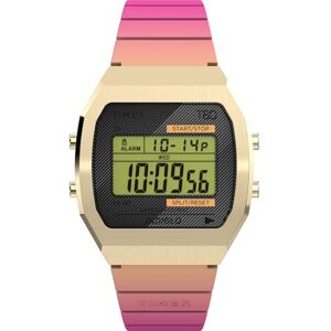 Timex T80 Montre unisexe, 36 mm, bracelet en résine rose, cadran numérique, boîtier doré TW2V74400 - Publicité Timex T80 Montre unisexe, 36 mm, bracelet en résine rose, cadran numérique, boîtier doré TW2V74400 - Publicité