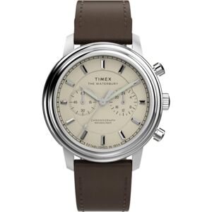 Timex Waterbury Metropolitan Chronograph Montre 41 mm pour Homme, avec Bracelet en Cuir Brun, Cadran crème et boîtier en Acier Inoxydable - Publicité Timex Waterbury Metropolitan Chronograph Montre 41 mm pour Homme, avec Bracelet en Cuir Brun, Cadran crème et boîtier en Acier Inoxydable - Publicité