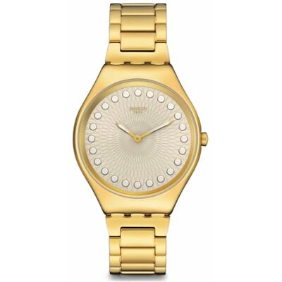 Swatch Montre analogique pour Femme à Quartz avec Bracelet en Acier Inoxydable , Or - Publicité Swatch Montre analogique pour Femme à Quartz avec Bracelet en Acier Inoxydable , Or - Publicité