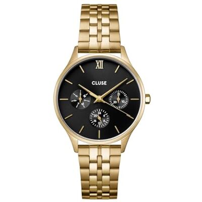 CLUSE Minuit Montre multifonction pour femme, boîtier doré 34 mm, cadran noir, bracelet en acier inoxydable - Publicité CLUSE Minuit Montre multifonction pour femme, boîtier doré 34 mm, cadran noir, bracelet en acier inoxydable - Publicité