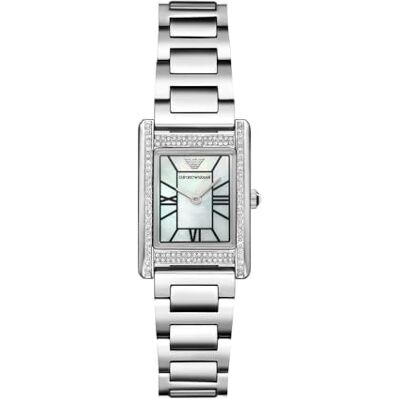 Emporio Armani Montre pour Femmes, boîtier Rectangle de 22 mm, Mouvement à Quartz Deux Aiguilles avec Bracelet en Acier Inoxydable ou en Cuir - Publicité Emporio Armani Montre pour Femmes, boîtier Rectangle de 22 mm, Mouvement à Quartz Deux Aiguilles avec Bracelet en Acier Inoxydable ou en Cuir - Publicité