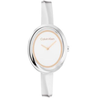 Calvin Klein Montre À Mouvement Quartz Deux Aiguilles pour Femme Collection Twisted Bezel avec Bracelet Rigide en Acier Inoxydable Argenté - Publicité Calvin Klein Montre À Mouvement Quartz Deux Aiguilles pour Femme Collection Twisted Bezel avec Bracelet Rigide en Acier Inoxydable Argenté - Publicité