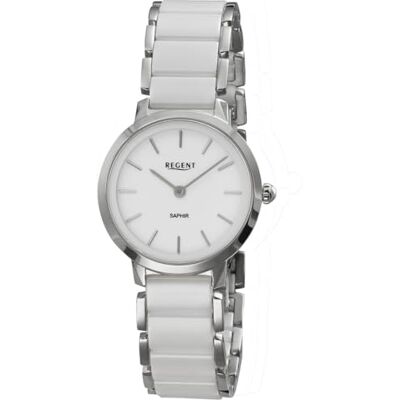 REGENT Montre à quartz pour femme en acier inoxydable argenté avec bracelet en céramique blanche et verre saphir 30 mm - Publicité REGENT Montre à quartz pour femme en acier inoxydable argenté avec bracelet en céramique blanche et verre saphir 30 mm - Publicité